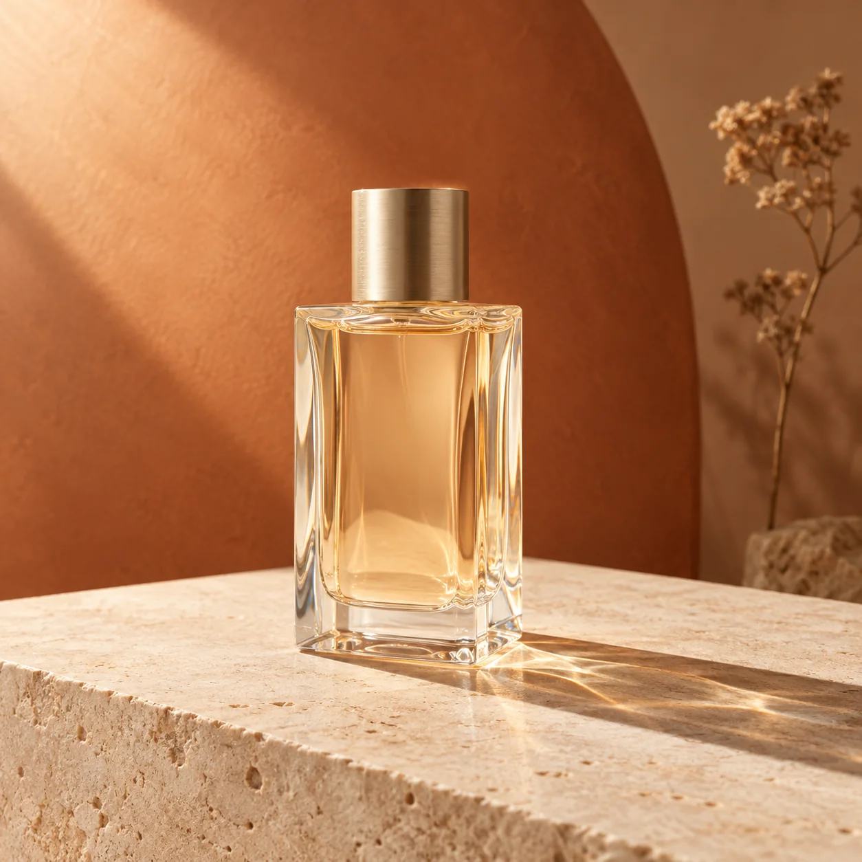 Flacon rectangulaire en verre transparent contenant un parfum ambré avec bouchon métallique posé sur pierre calcaire devant un mur terracotta ensoleillé avec tige végétale.