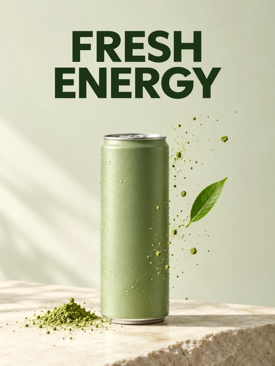Affiche publicitaire verticale pour une canette de matcha vert sauge avec le titre "FRESH ENERGY".
