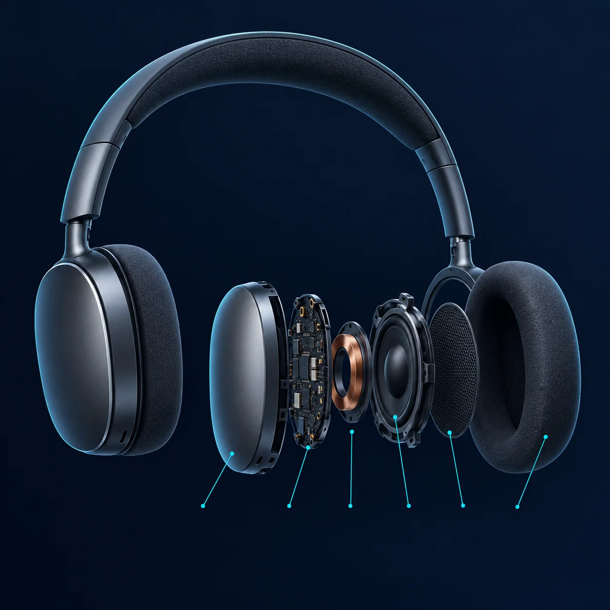 Vue éclatée d'un casque sans fil graphite montrant coque, circuit imprimé, haut-parleur, grille et coussinets avec lignes de repère cyan sur fond bleu marine.