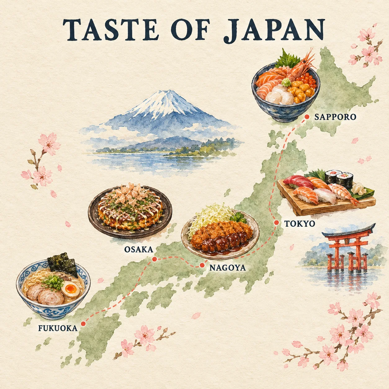 Carte gastronomique illustrée du Japon sur fond ivoire présentant plats et monuments avec le titre exact "TASTE OF JAPAN" et les mentions "FUKUOKA", "OSAKA", "NAGOYA", "TOKYO", "SAPPORO".