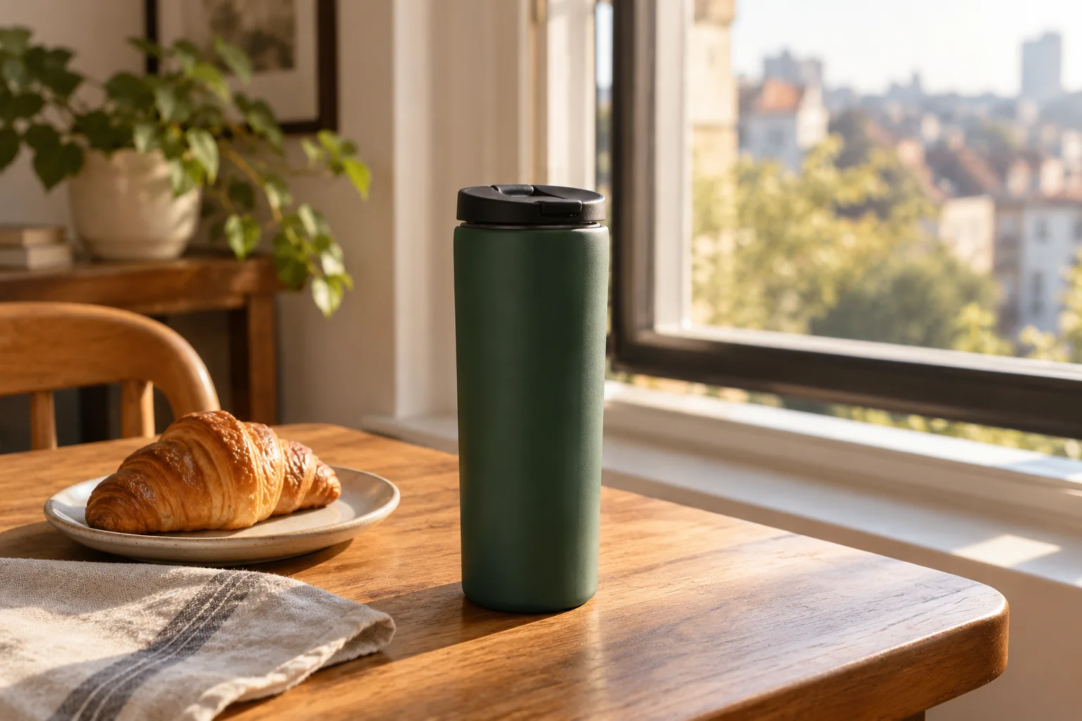 Gobelet isotherme vert forêt posé sur une table de petit-déjeuner ensoleillée.