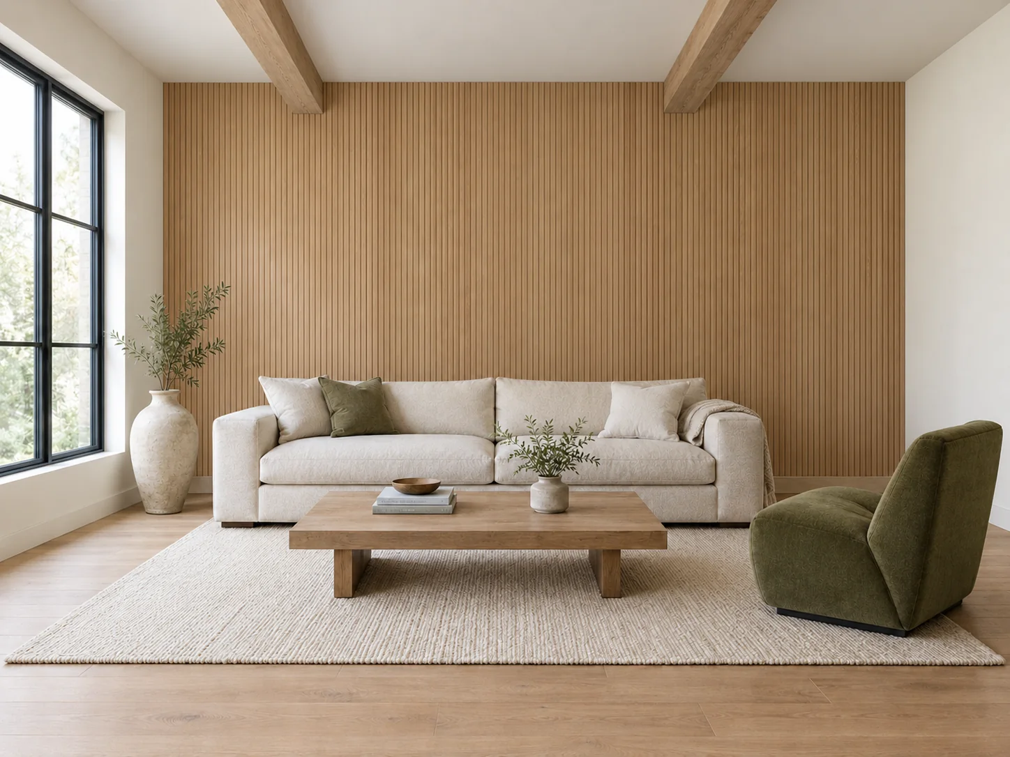 Même pièce où le mur blanc cassé est remplacé par un panneau de tasseaux verticaux en chêne, le canapé, la table et le fauteuil vert restant identiques.