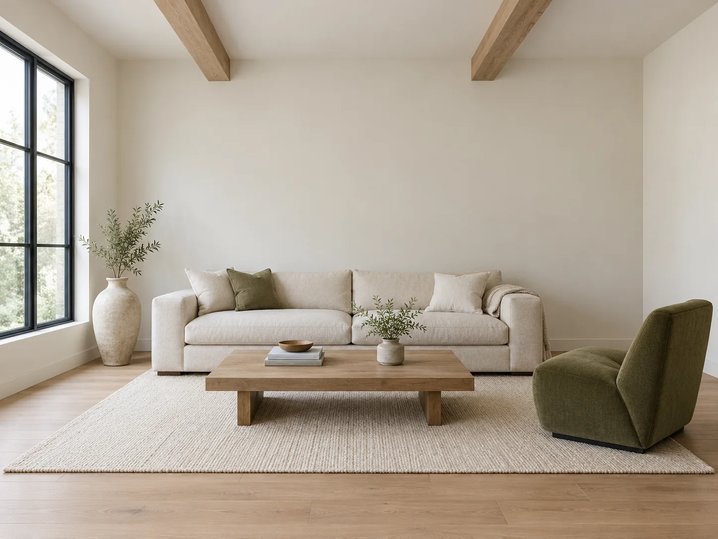 Canapé crème devant un mur blanc cassé uni, fenêtre à gauche, poutres apparentes au plafond, table basse et fauteuil vert.