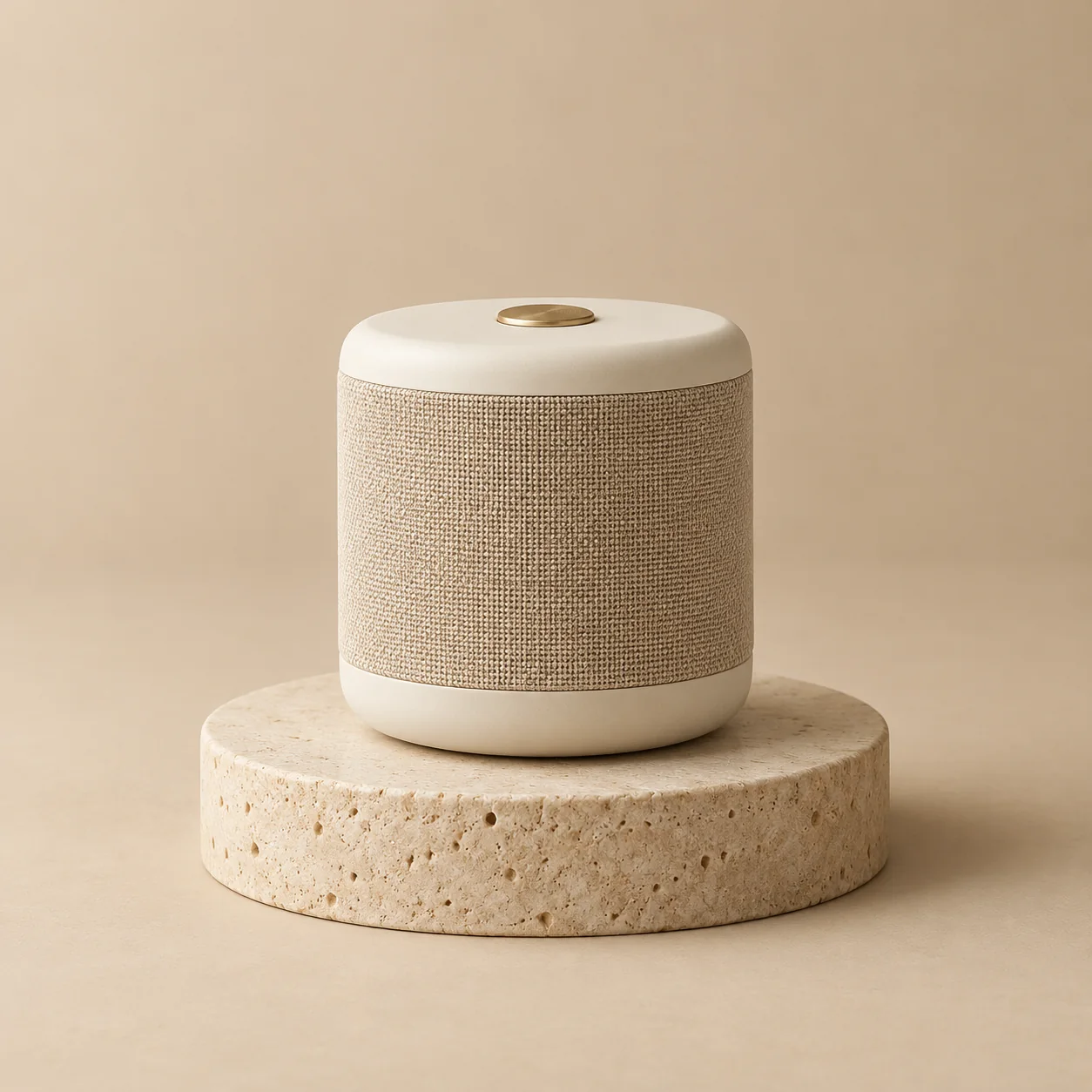 Photo studio carrée d'une enceinte cylindrique en céramique ivoire posée sur un socle en travertin.